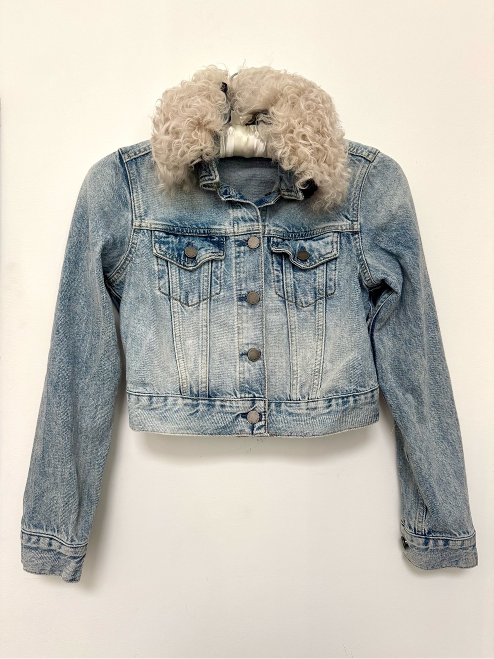 All Saints Light Blue Denim Jacket with Cream Faux Shearling Collar
